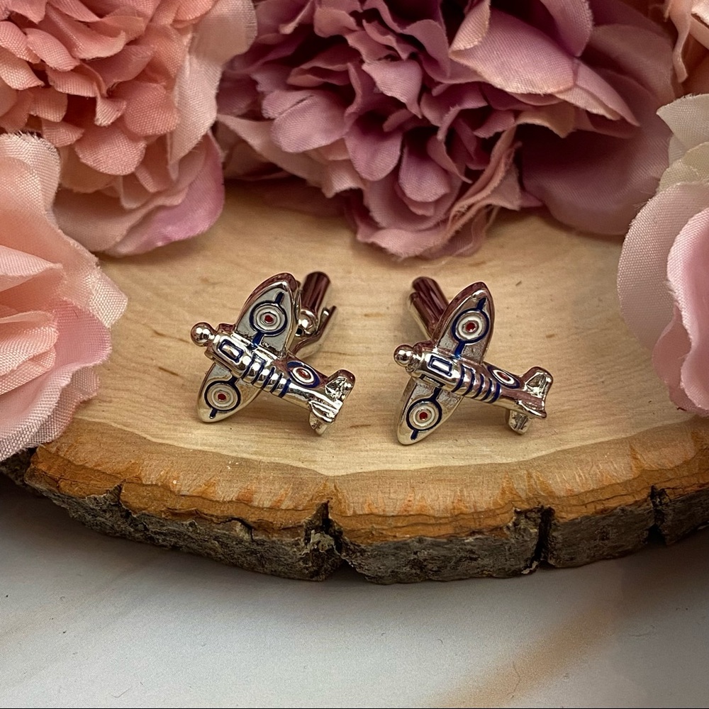 Silver Spitfire Military Airplane WWII Cufflinks - Picture 5 of 16